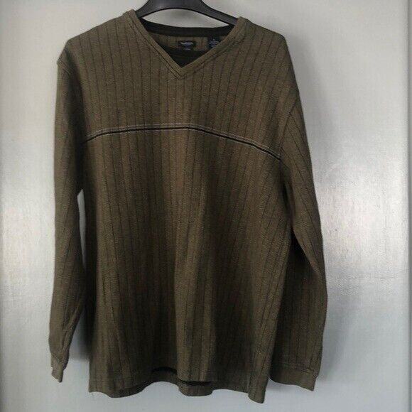 Van Heusen Sweater Adult XL Olive green Black Striped Long Sleeve V-Neck Mens - Picture 1 of 6